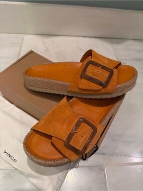 Vince Orange Suede Espadrille Buckle Slide Sandals size 9.5